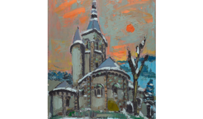 Jean COUTY (1907-1991). Eglise Saint-Nicolas de Civray, Vienne. Huile sur toile. Signé en bas à droite. Contresigne et situé au dos. 61 x 50,5 cm.