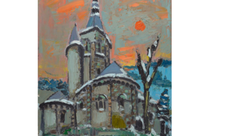 Jean COUTY (1907-1991). Eglise Saint-Nicolas de Civray, Vienne. Huile sur toile. Signé en bas à droite. Contresigne et situé au dos. 61 x 50,5 cm.