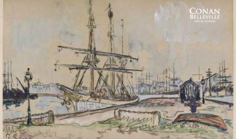 Lot 105.Paul SIGNAC (1863-1935). Saint-Servan. Le Pourquoi Pas ?, le 13 octobre 1927. Aquarelle sur papier contrecollé en plein sur papier vélin. Signé "P. Signac" en bas à gauche. Annoté "Pourquoi Pas / S Servan" et daté "13 Oct 27" en bas à droite. 26,5 x 40,8 cm. Légère insolation et bulles.  Provenance : - Cadeau de l