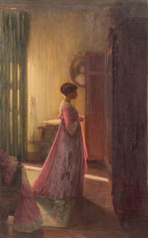 Henri-Charles ANGENIOL (1870-1959). Femme en robe du soir devant la glace. Huile sur toile. 147 x 90 cm. Craquelures, usures et petites restaurations. Cachet Vente Angéniol au dos.