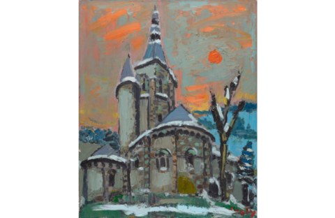 Jean COUTY (1907-1991). Eglise Saint-Nicolas de Civray, Vienne. Huile sur toile. Signé en bas à droite. Contresigne et situé au dos. 61 x 50,5 cm.