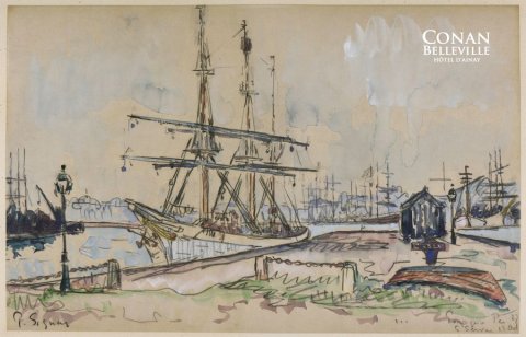 Lot 105.Paul SIGNAC (1863-1935). Saint-Servan. Le Pourquoi Pas ?, le 13 octobre 1927. Aquarelle sur papier contrecollé en plein sur papier vélin. Signé "P. Signac" en bas à gauche. Annoté "Pourquoi Pas / S Servan" et daté "13 Oct 27" en bas à droite. 26,5 x 40,8 cm. Légère insolation et bulles.  Provenance : - Cadeau de l