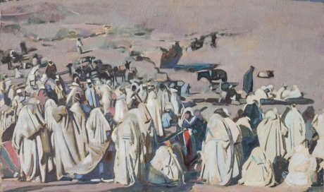 Jacques MAJORELLE (1886-1962).  "Bédouins à l'entrée de Marrakech".  Huile sur toile signée en bas à droite et situé Marrakech.  73 x 59,5 cm.   Un certificat d'Amélie Marcilhac n°2023 I 16 - 2/3, en date du 16 janvier 2023, sera remis à l'acquéreur.  Estimation : 30 000 € à 50 000 €