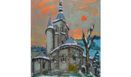 Jean COUTY (1907-1991). Eglise Saint-Nicolas de Civray, Vienne. Huile sur toile. Signé en bas à droite. Contresigne et situé au dos. 61 x 50,5 cm.