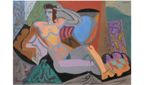 André LHOTE (1885-1962).  Femme aux motifs, circa 1946.  Gouache sur papier.  Signé en haut à droite.  33,5 x 46,8 cm.  Historique :  -3 juillet 1994, Vente, Calais, Maitre Pillon.