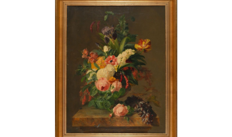 Lot 517. Adolphe Jacques Gabriel MAGAUD (1813-1883). Vase de fleurs, 1851. Huile sur toile contrecollée sur carton. Signé et daté en bas à droite. 84,5 x 65 cm.