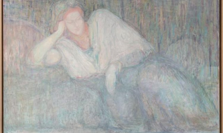 Lot 192. Jacques TRUPHEMUS (1922-2017). Odalisque, 1983. Huile sur toile. Signé et daté en bas à droite. Contresigné, titré et daté au dos. 130 x 161 cm.