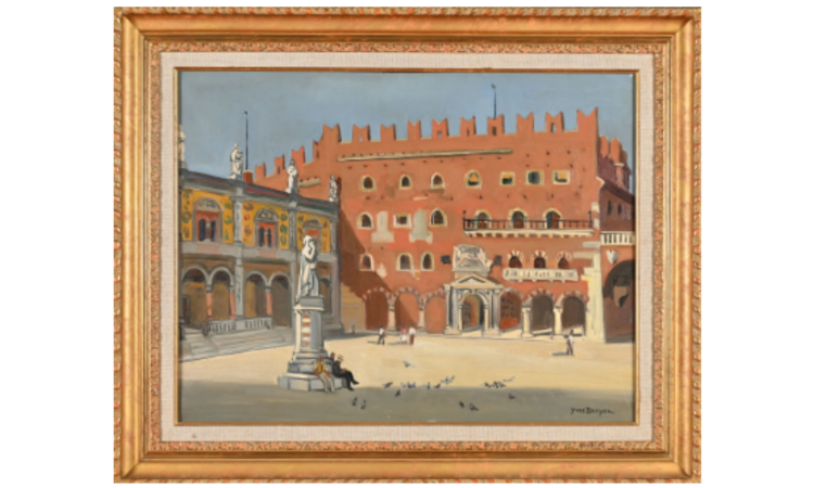 Lot 256. Yves BRAYER (1907-1990). Place des Seigneurs à Vérone, 1948. Huile sur toile. Signé en bas à droite. Contresigné, titré et daté 1956 a posteriori au dos. 51 x 65 cm.