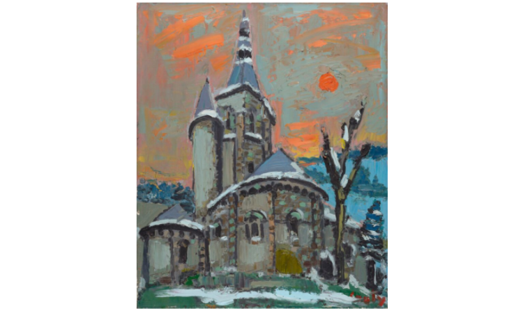 Lot 194. Jean COUTY (1907-1991). Eglise Saint-Nicolas de Civray, Vienne. Huile sur toile. Signé en bas à droite. Contresigne et situé au dos. 61 x 50,5 cm.