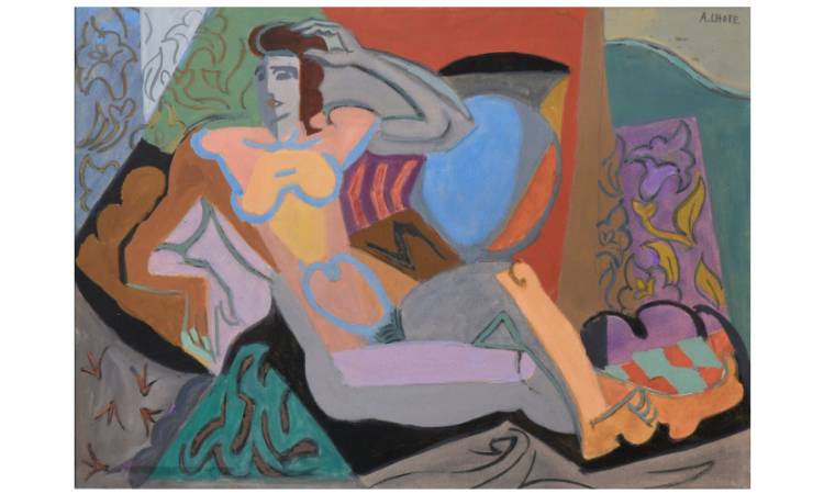 André LHOTE (1885-1962). Femme aux motifs, circa 1946. Gouache sur papier. Signé en haut à droite. 33,5 x 46,8 cm.  Historique : -3 juillet 1994, Vente, Calais, Maitre Pillon.  Nous remercions Madame Dominique Bermann Martin qui a confirmé l'authenticité de cette oeuvre. Un certificat d'authenticité pourra être demandé, à la charge de l'acquéreur.