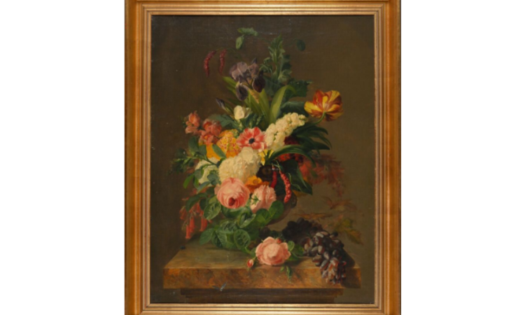 Lot 517. Adolphe Jacques Gabriel MAGAUD (1813-1883). Vase de fleurs, 1851. Huile sur toile contrecollée sur carton. Signé et daté en bas à droite. 84,5 x 65 cm.